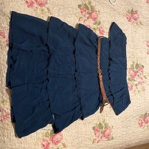 Strapless blue ruffle dress with brown belt